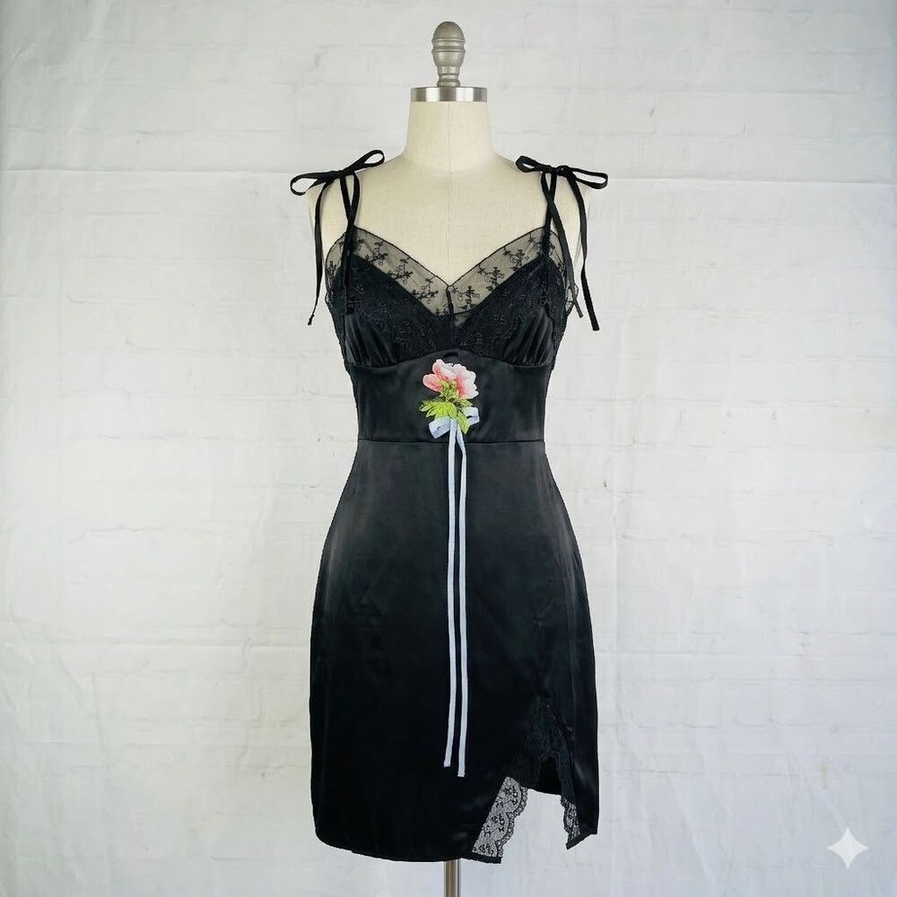 Cynthia Rowley Iris Mini Silk Slip Dress Womens Size 6 Black Lace Satin Coquette